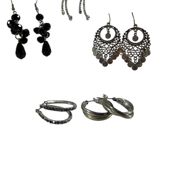 Mixed Lot 11 Earrings Dangle Hoops Beaded Rhinestones Silver Tone - Picture 4 of 16